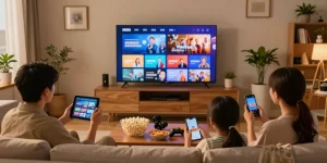 La famille profitant du service iron tv dans un salon chaleureux et accueillant.