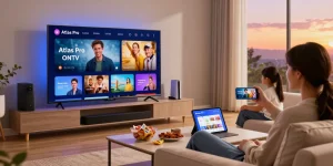 Utilisateur d'Atlas Pro dans un salon moderne, profitant d'une expérience IPTV immersive sur grand écran.